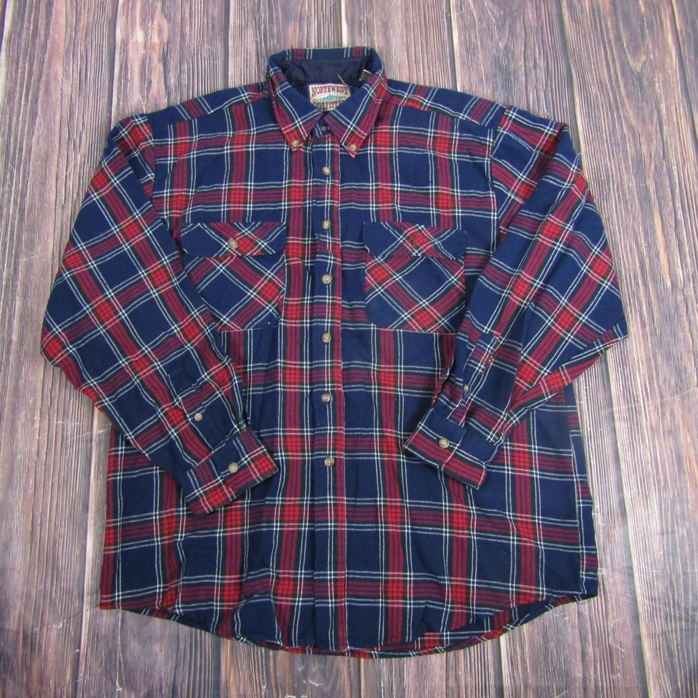 Vintage Northwest Outfitters Shirt Mens XL Navy Red Plaid Flannel Button Up 90s‎